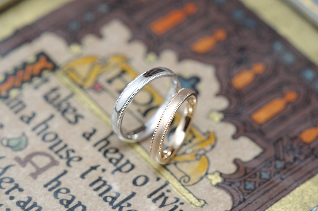 プラチナ/ローズゴールド　ミルグレイン　結婚指輪