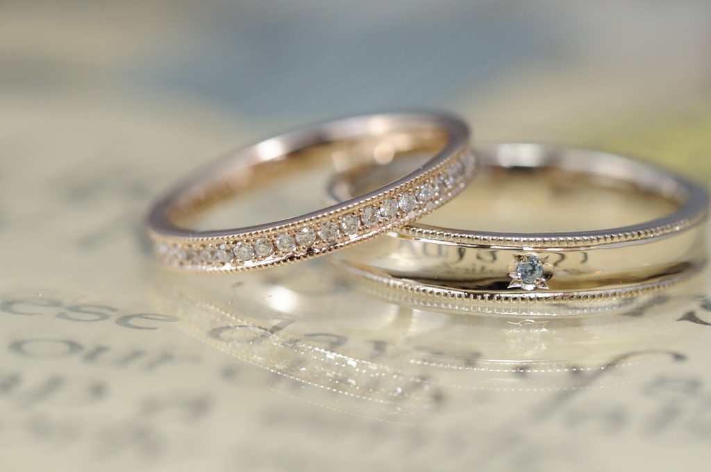 ローズゴールドのハーフエタニティーとシャンパンのオーダーメイド結婚指輪